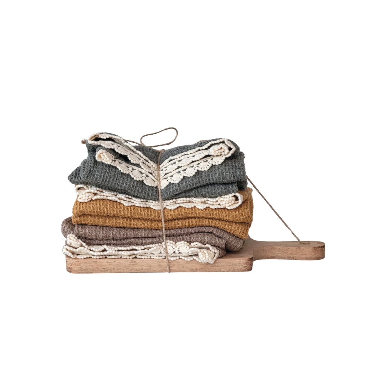 Hello Honey® Multicolor Kitchen Cotton Tea Towels on a Mango Wood Board Set